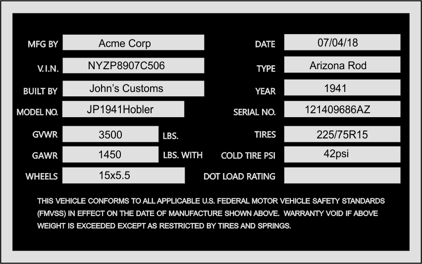 Laser Cut Aluminum Trailer VIN Tag Identification Tag ID Plate New Free  Shipping